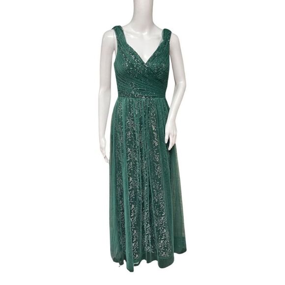 Dessy Collection Womens Size 2 V Neck Soft Tulle Hunter Green Evening Prom Dress - Picture 1 of 15